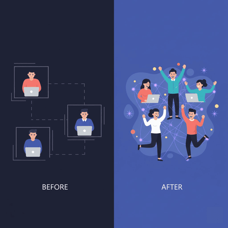 Before and after illustration: isolated remote workers transformed into a connected, celebrating team
