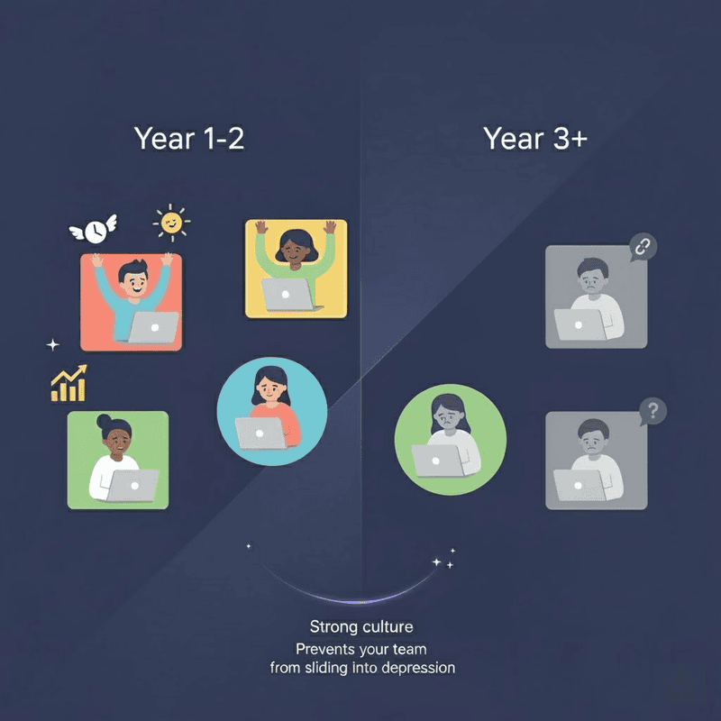 Year 1-2 versus Year 3+ remote team timeline showing how strong culture prevents a slide into disengagement