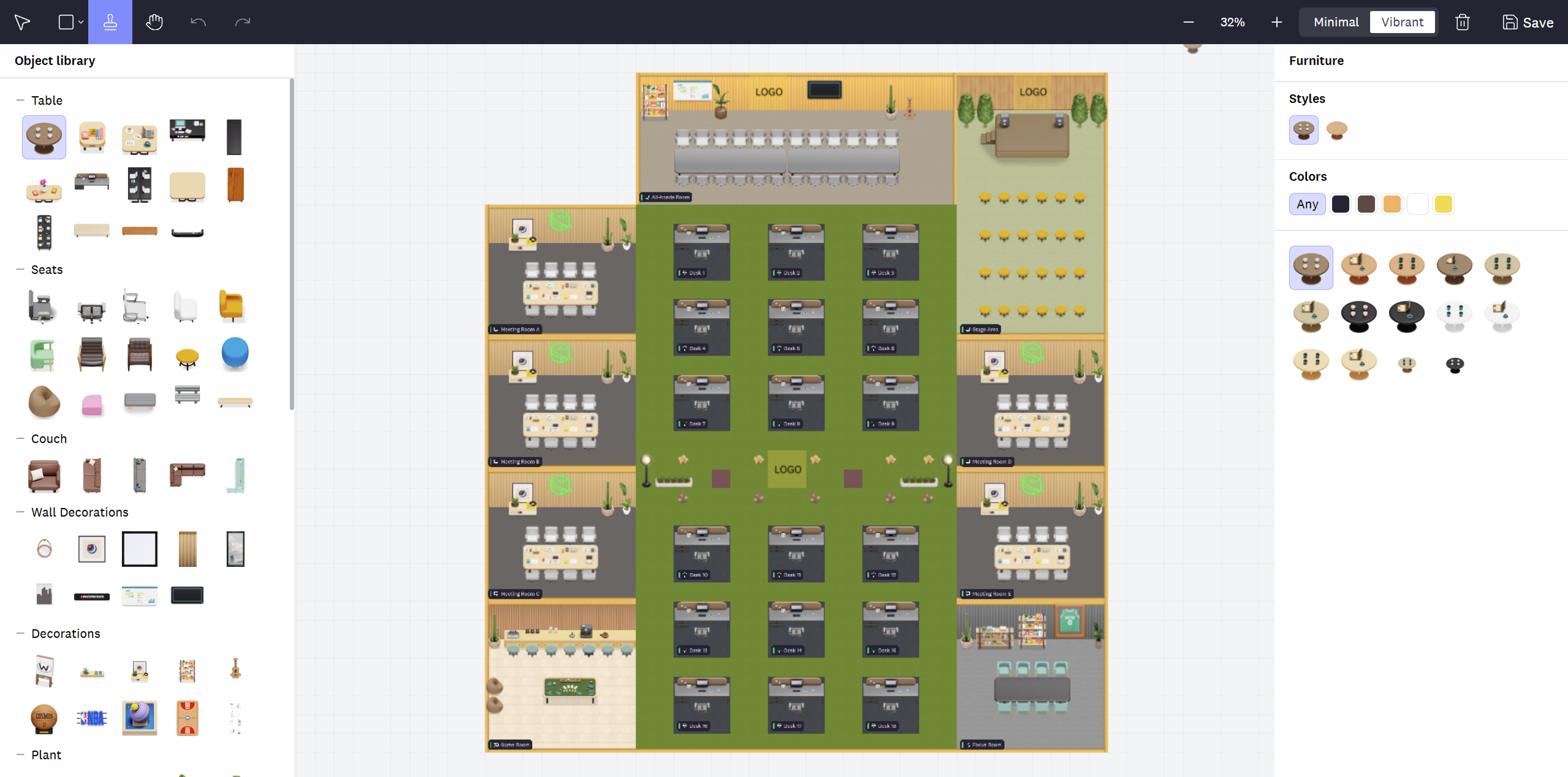 Cosmos Video Space Builder for designing virtual office layouts.