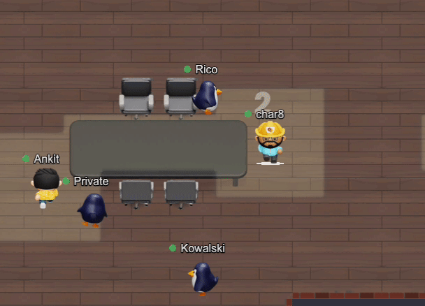 Cosmos Video spatial office with an adopted penguin pet following a user's avatar around the room