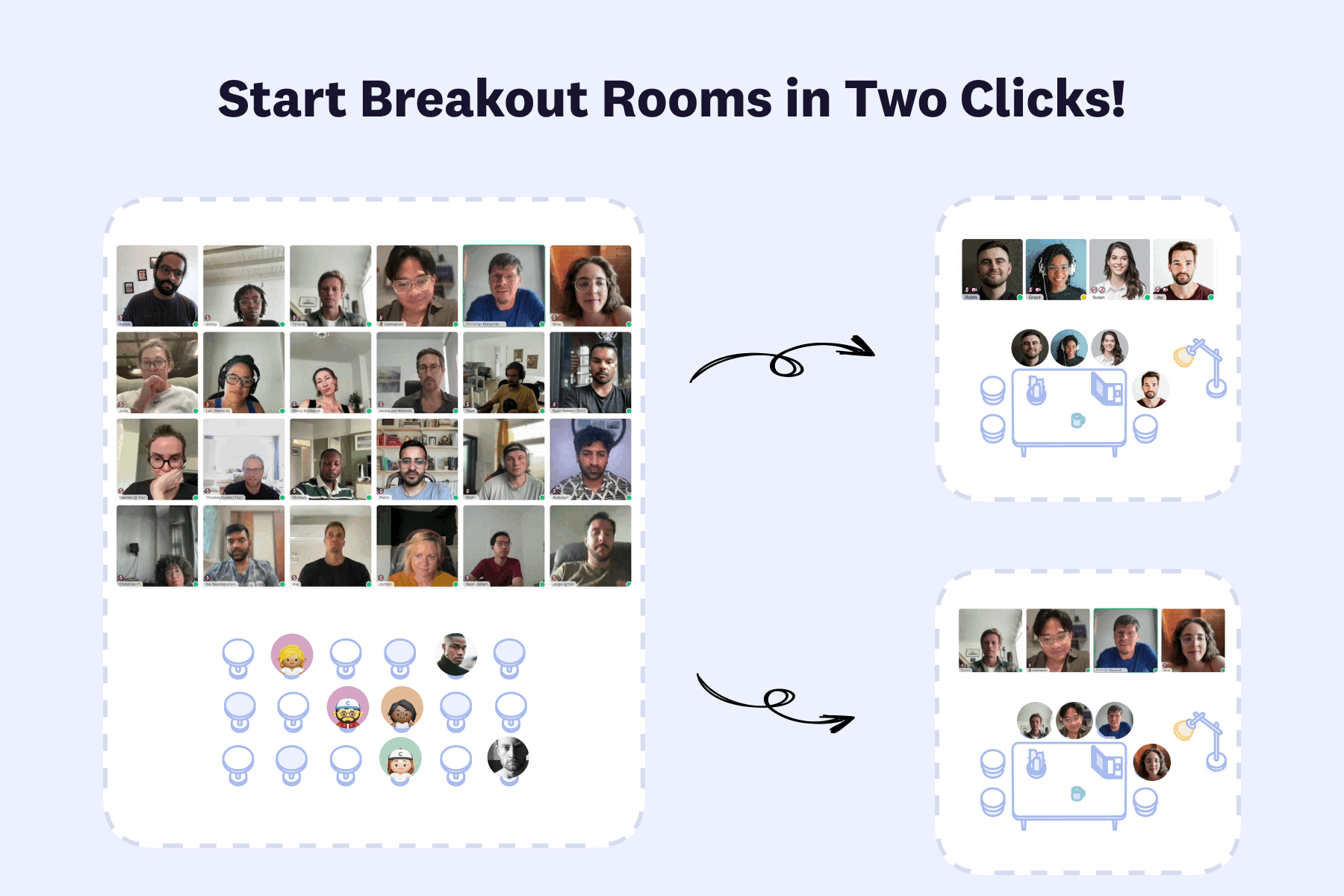 Cosmos Video Start Breakout Rooms in Two Clicks feature splitting a big call into small breakout tables
