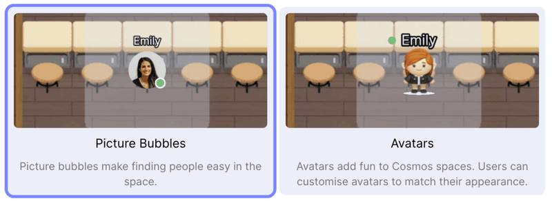 Cosmos Video comparison of Picture Bubble and Avatar styles for showing teammates in a spatial office