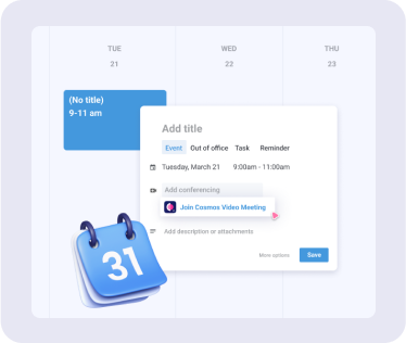 Google Calendar event with a one-click Join Cosmos Video Meeting button added via the Cosmos integration