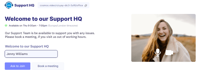 Custom-branded Cosmos Video Support HQ landing page with team availability hours and booking options