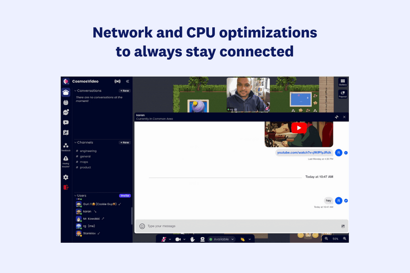 Cosmos Video direct messages and public channels shown inside Cosmos HQ with a shared screen