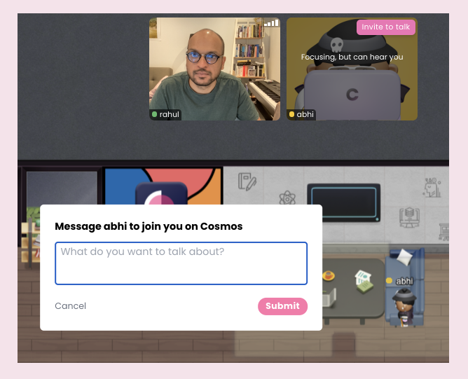 Cosmos Video focus mode prompt letting users message an offline teammate to join a conversation