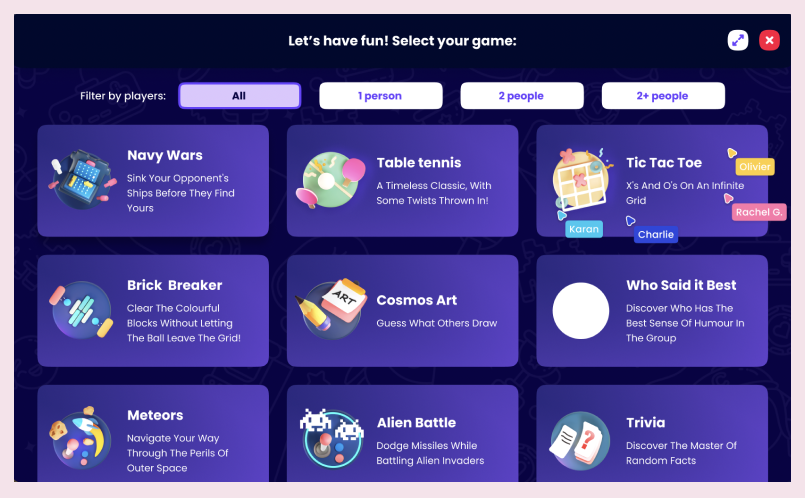 Cosmos Video Games Table featuring multiplayer titles like Tic-Tac-Toe, Cosmos Art and Brick Breaker