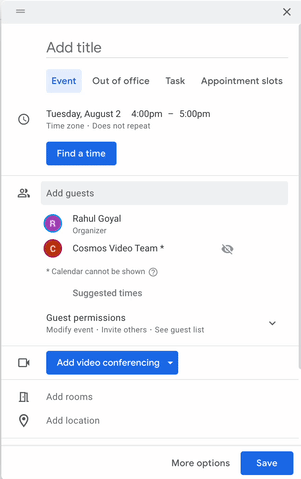 Scheduling a Cosmos Video meeting from Google Calendar with Cosmos Video Team added as a guest