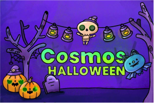 Cosmos Video Halloween themed office decoration banner with pumpkins, skeletons and ghosts