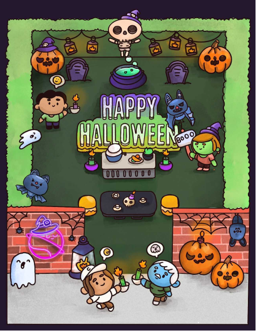 Cosmos Video office decorated for Happy Halloween with pumpkins, ghosts and spider webs