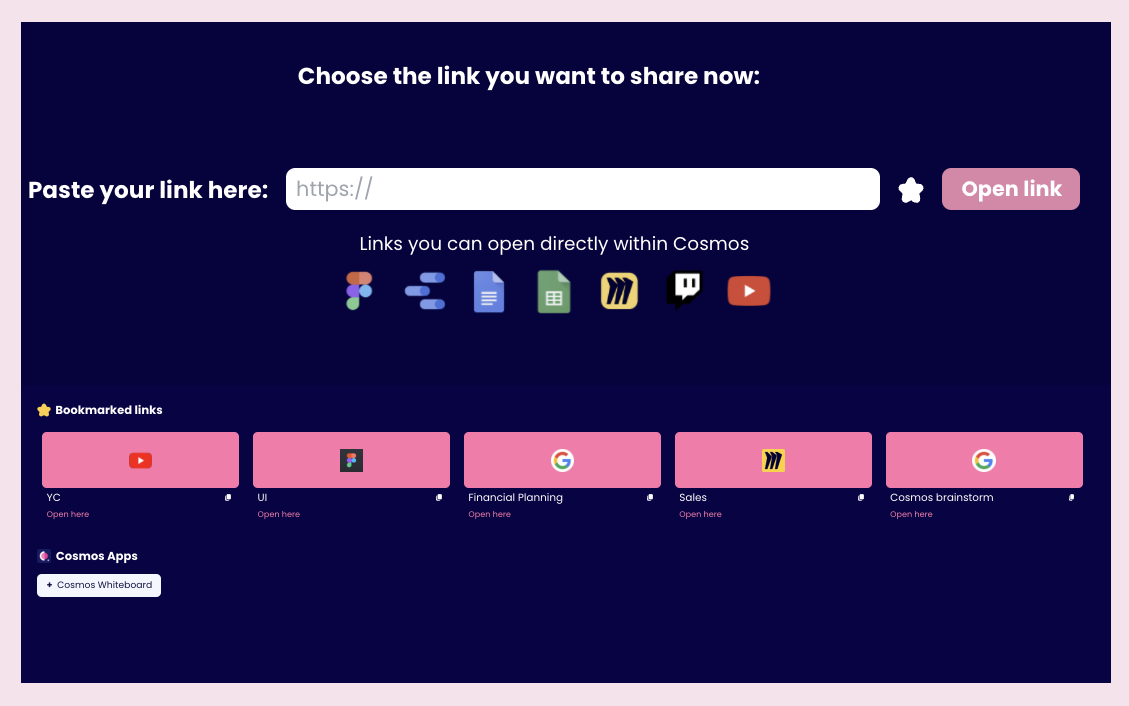 Cosmos Video integrated apps launcher opening Figma, Google Docs, Miro, Twitch and YouTube inside spaces