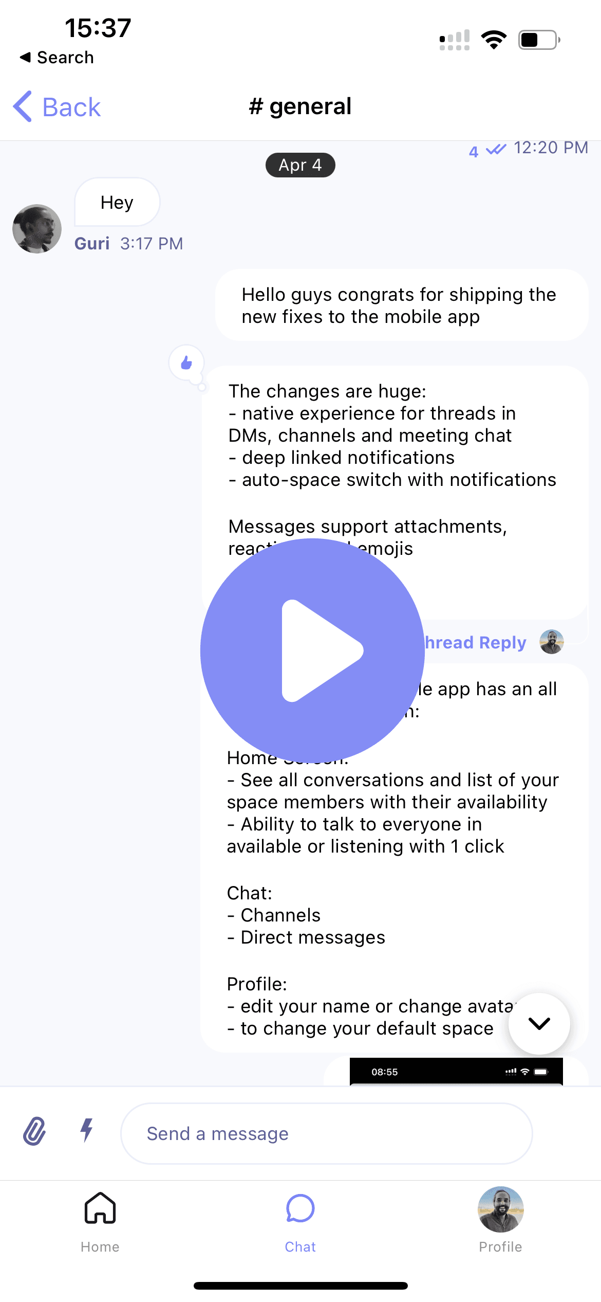 Cosmos Video iOS mobile app chat with threaded replies and deep-linked notifications