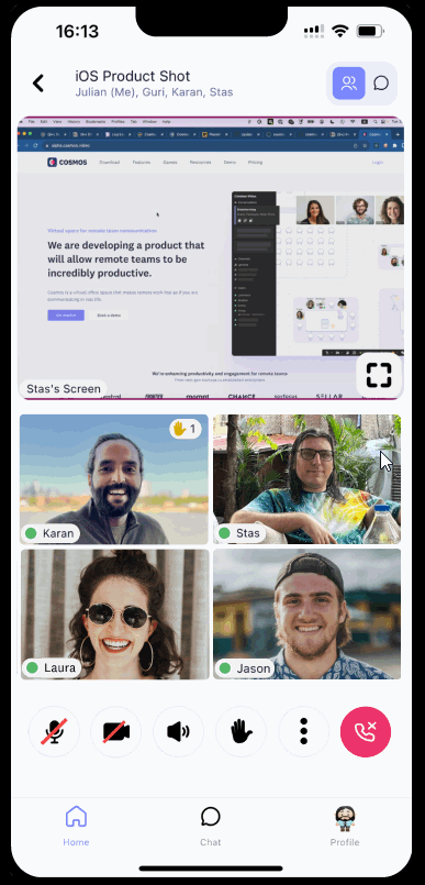 Cosmos Video iOS mobile app showing a 4-participant video call with mute and reaction controls
