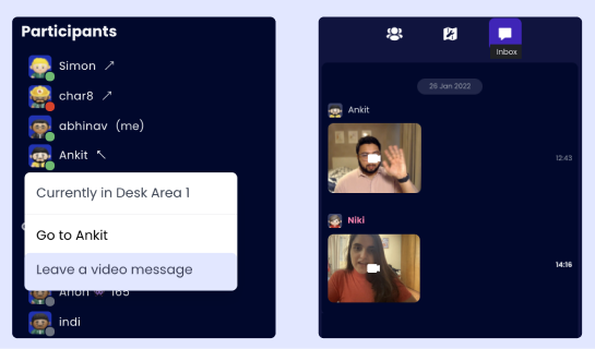 Cosmos Video participants panel with a Leave a video message option for offline teammates