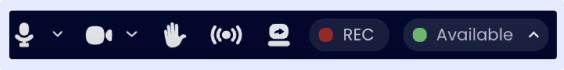Cosmos Video meeting toolbar with record, camera, mic, reactions and availability controls