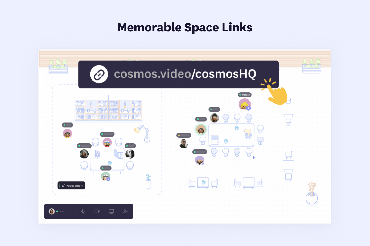 Cosmos Video memorable space links showing a custom cosmos.video/cosmosHQ URL for team spaces