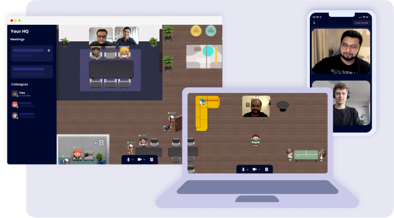 Cosmos Video mobile and desktop apps shown side by side for running engaging remote meetings