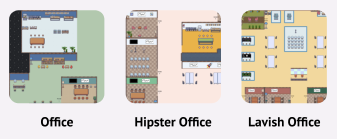 Three Cosmos Video office map options — Office, Hipster Office and Lavish Office — for different vibes