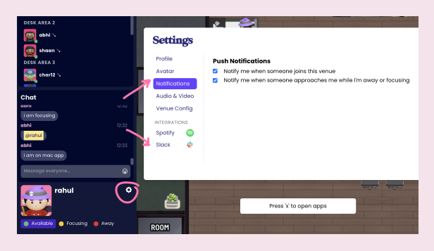Cosmos Video settings panel for enabling push notifications when someone joins the space