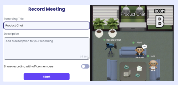 Cosmos Video Record Meeting dialog inside a room with title, description and share-with-office setting