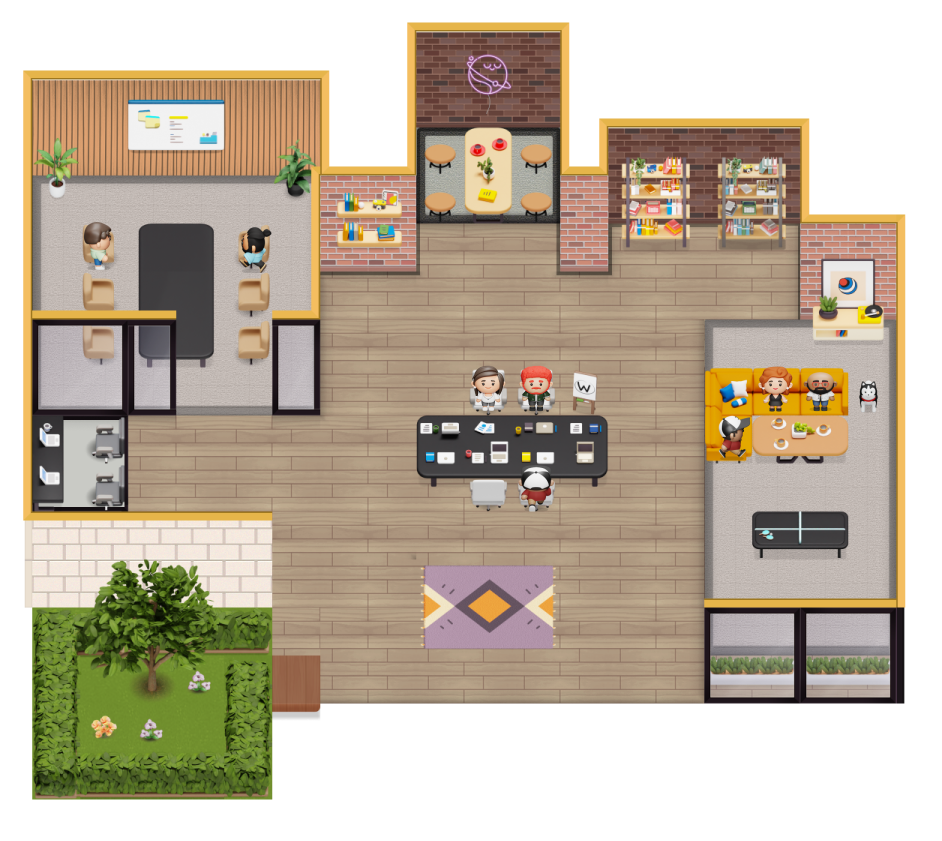 Redesigned Cosmos Video spatial office with library, pantry, meeting area and new pixel-art tiles