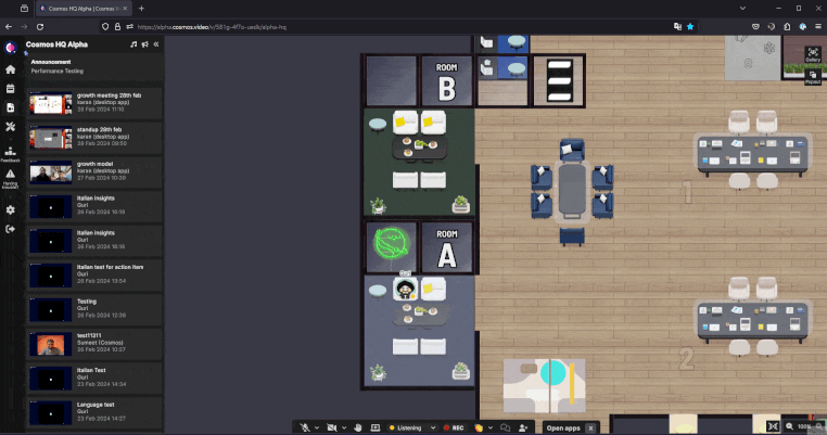 Cosmos Video Replay showing auto-shared meeting recordings next to a spatial office map