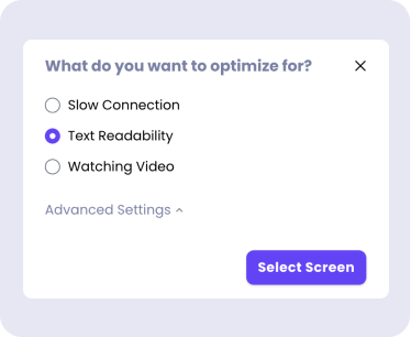 Cosmos Video screen share optimisation dialog for text readability, slow connections or video playback
