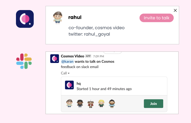 Inviting an offline teammate to talk in Cosmos Video by sending a Slack direct message with a join link