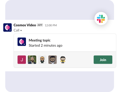 Cosmos Video Slack notification showing a live meeting topic with a one-click Join button