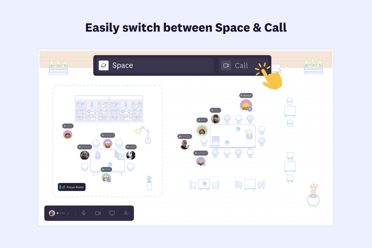 Cosmos Video interface showing easy switching between spatial Space view and grid Call view