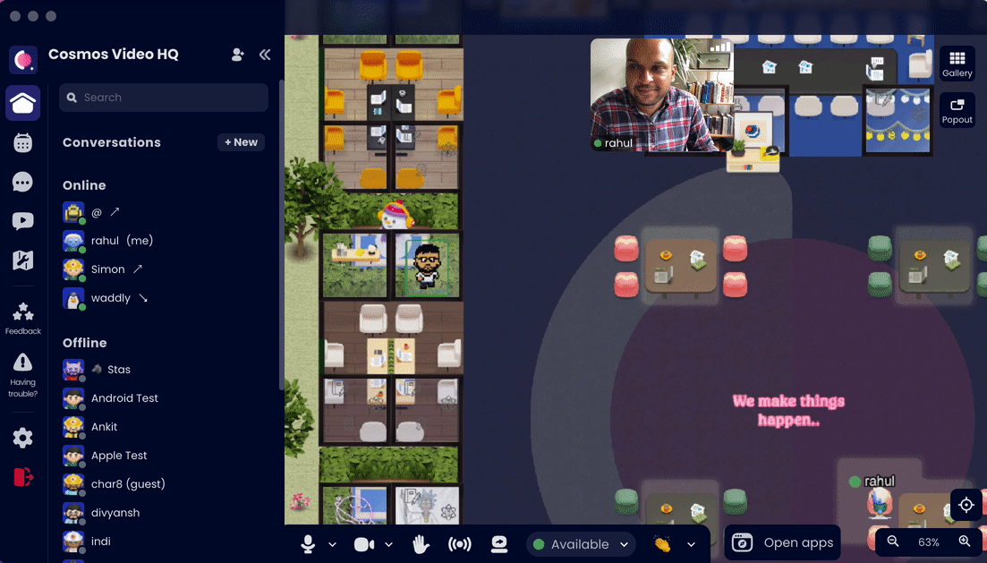 Cosmos Video office sidebar listing upcoming scheduled meetings from Google Calendar