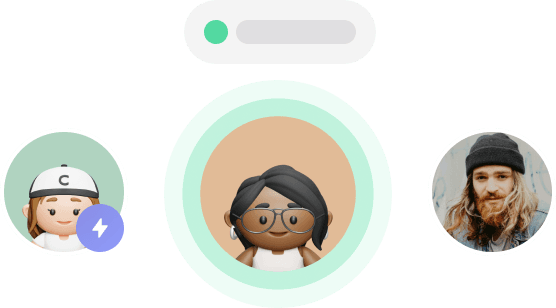 Cosmos Video avatar bubbles showing teammates approaching each other with instant sub-50ms connections