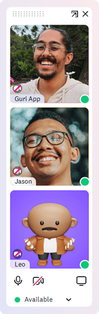Cosmos Video side panel showing participants with video, avatar, and availability indicators