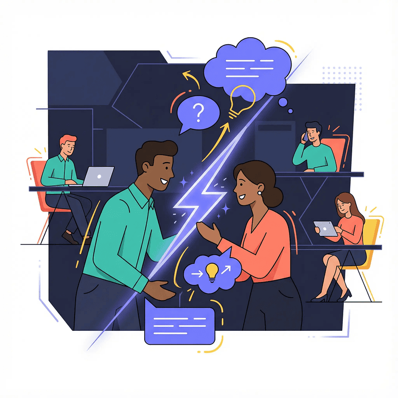 Two remote workers divided by a lightning bolt, showing broken communication between teammates