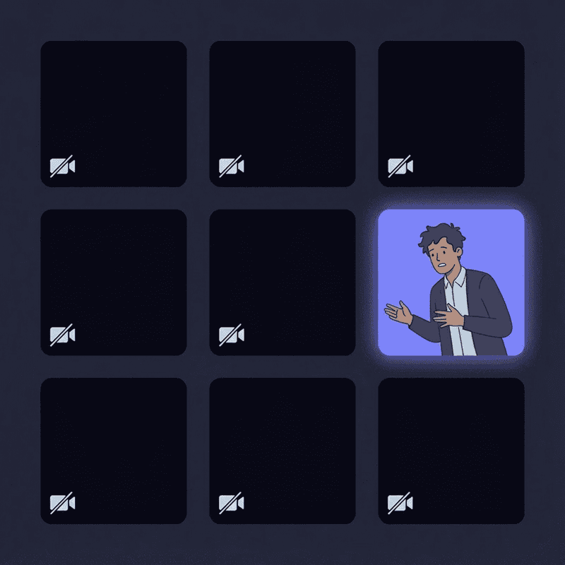 Grid of empty camera-off video tiles with a single lonely teammate on a Cosmos Video call