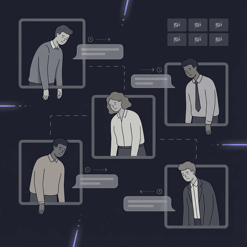 Multiple disengaged video call participants showing how low morale spreads across a remote team