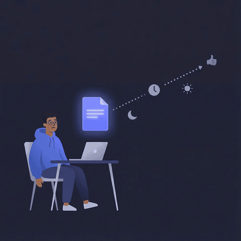 Remote worker at a desk surrounded by floating productivity and task icons