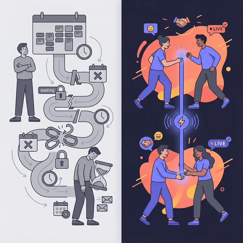 Scheduled calendar chaos versus spontaneous live Cosmos Video interactions illustration