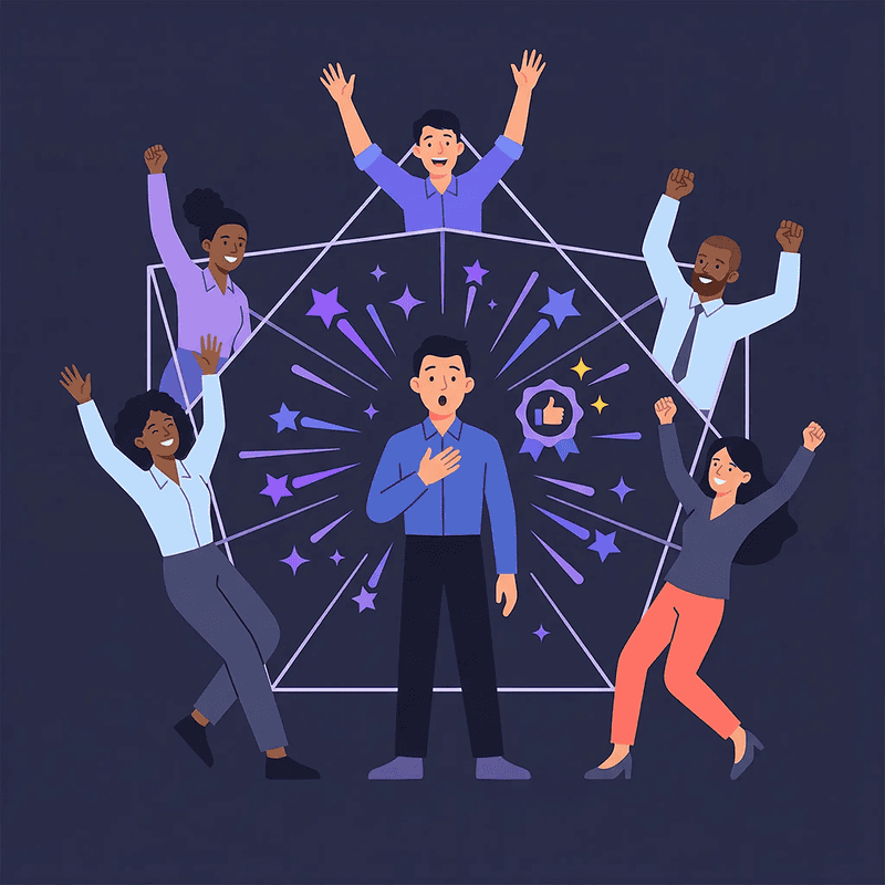 Remote team celebrating a win together in a starburst illustration