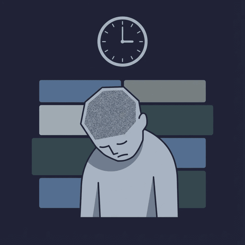 Exhausted remote worker after back-to-back Zoom calls sitting under a clock with colour-block background