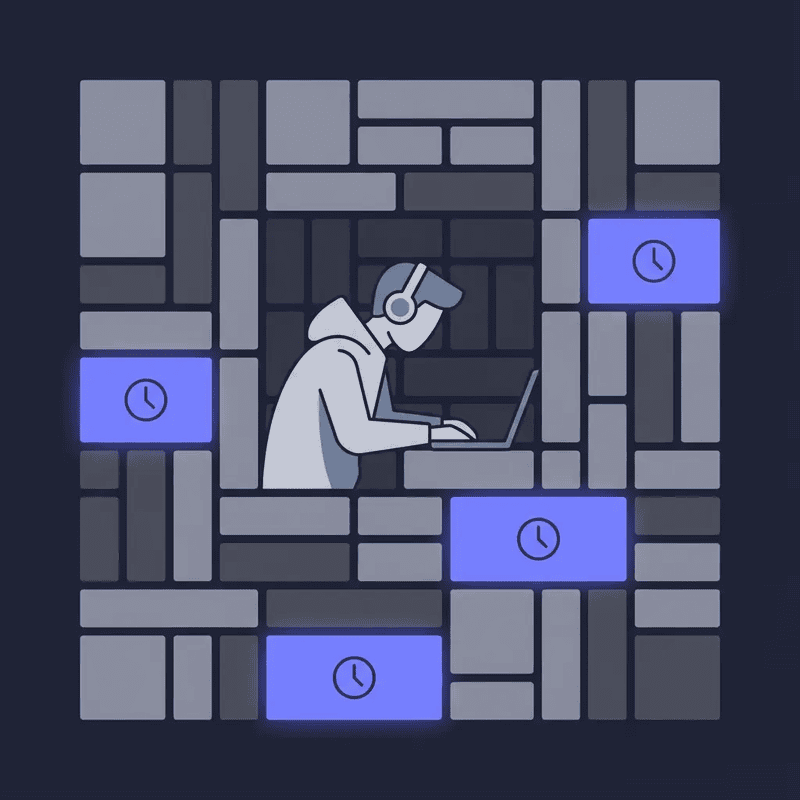 Illustration of a focused remote worker surrounded by scattered fragment blocks representing lost deep work