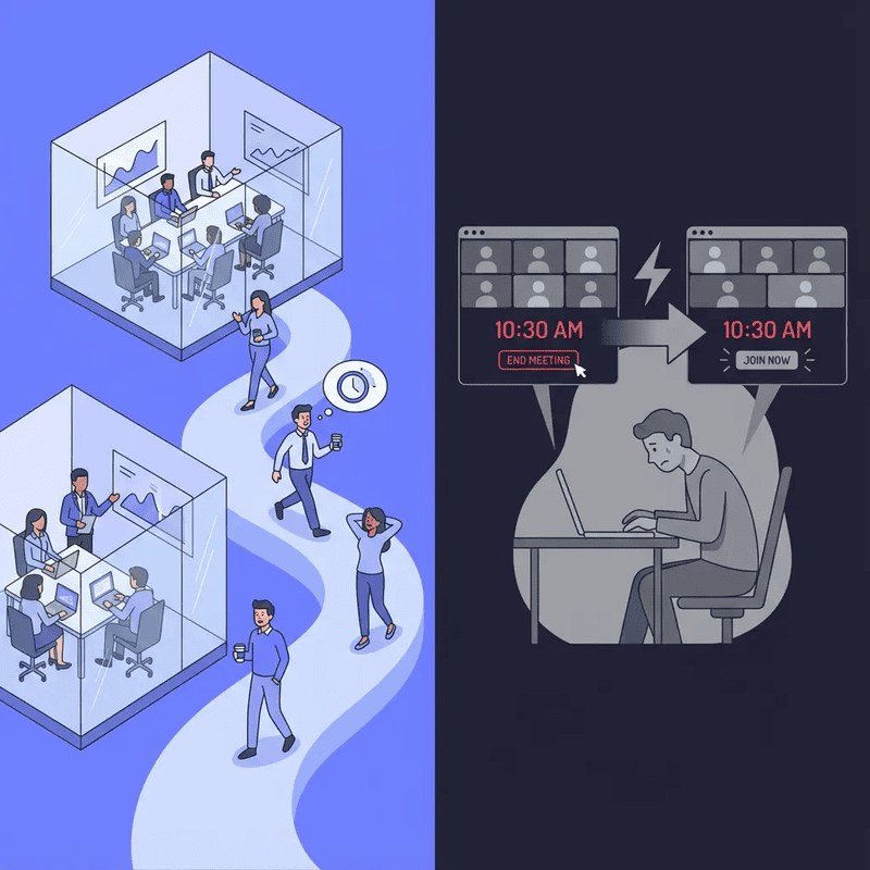 Isometric illustration of packed remote meeting rooms compared to someone using Cosmos Video