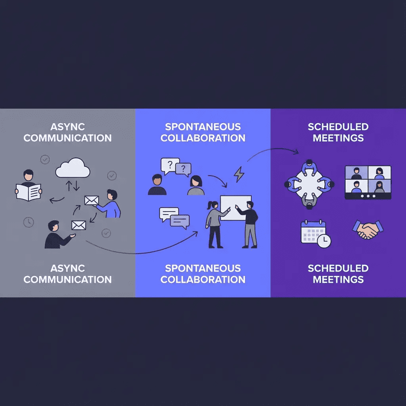 Three modes of remote team communication — async, spontaneous collaboration, and scheduled meetings