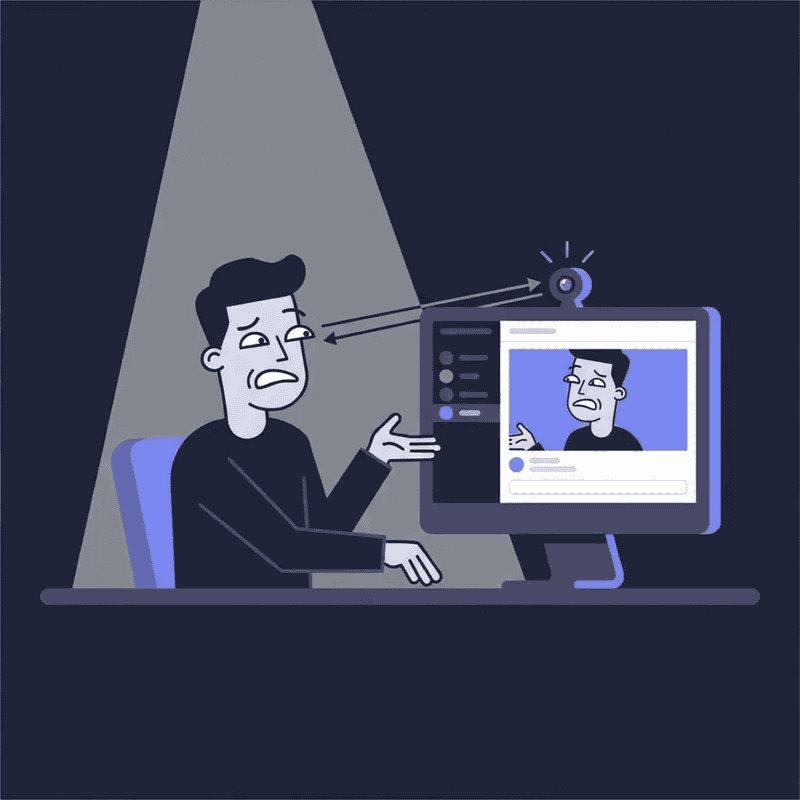 Video call fatigue illustration with an overwhelmed participant staring at an on-screen grid of themselves