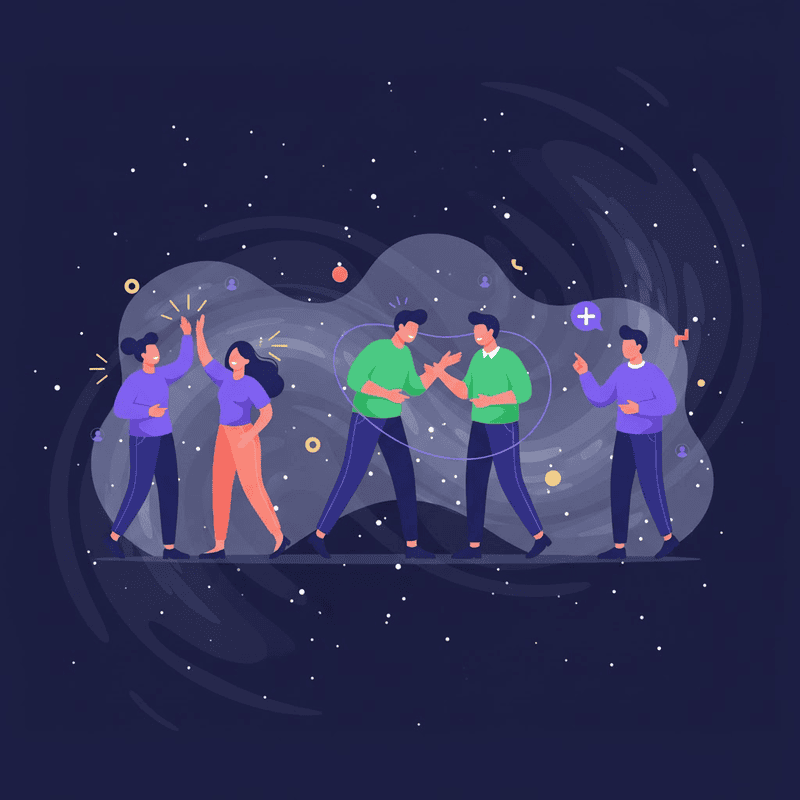 Connected remote team celebrating together in a starry cosmos illustration