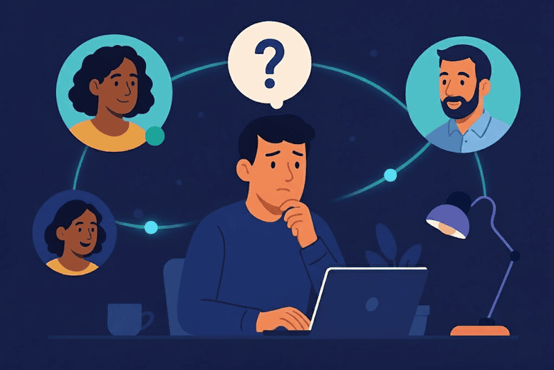 Isolated remote worker stuck at a question with teammates unreachable through thought bubbles