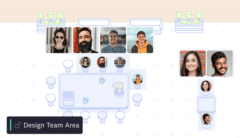 Cosmos Video virtual office map with a highlighted Design Team Area and visible teammates at desks