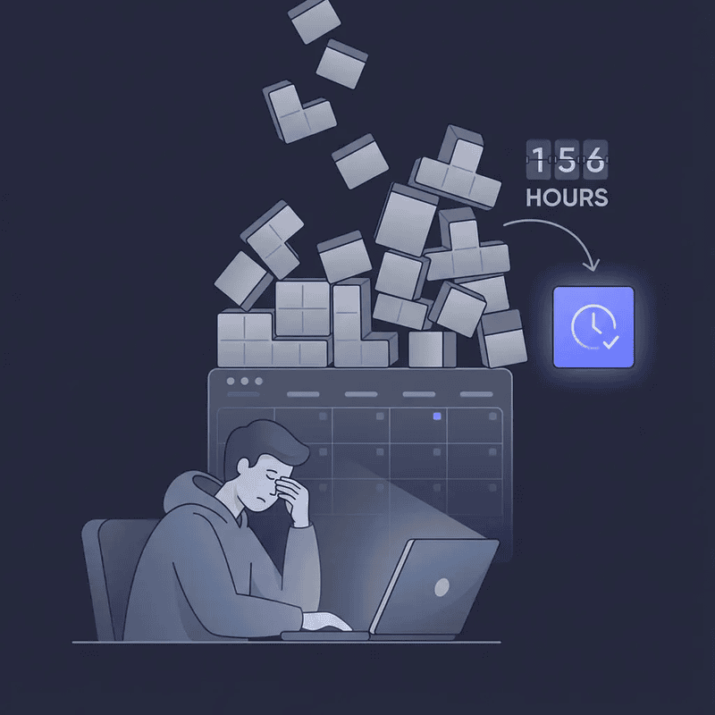 Worker drowning under 156 hours of meeting scheduling and calendar Tetris per year