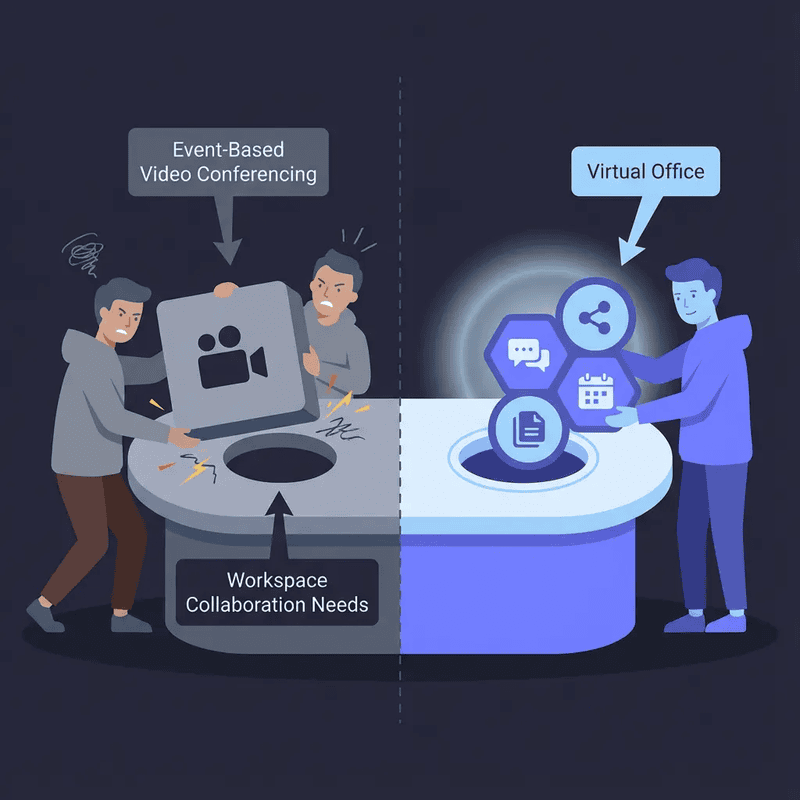 Event-based video conferencing versus workspace collaboration illustration comparison