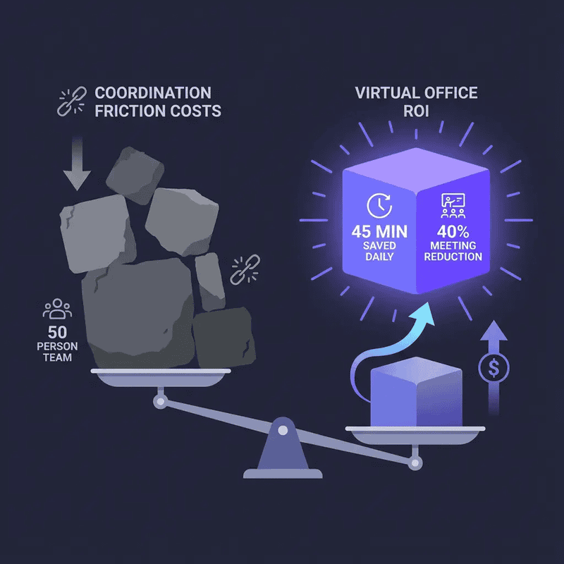 Scale weighing coordination friction costs against virtual office ROI of 45 min saved daily